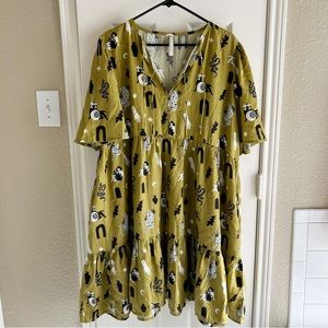 Mata Traders Adelaide Tiered Olive Curios Green Print Dress Size XL